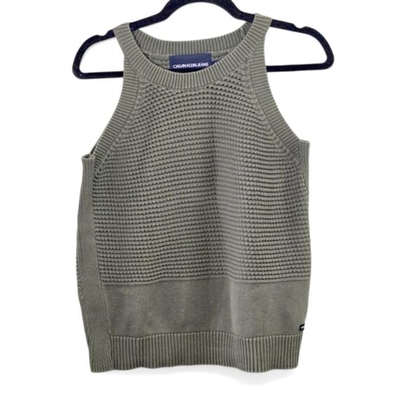 Calvin Klein Jeans Women’s Sweater Vest Minimalist Soft Academia Olive Cotton M - Picture 1 of 7